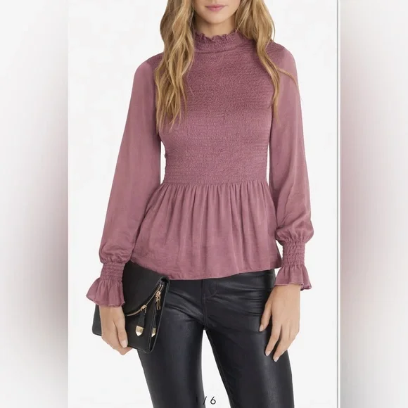 VICI Smocked Satin Peplum Blouse Mauve Long Sleeve Ruffle Neck Size Medium - Picture 1 of 9